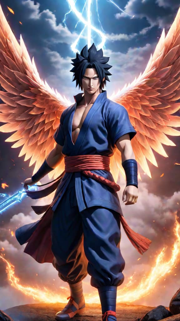  anime art: sasuke uchiha's susanoo with symbolic wings representing his journey from avenger to protector. hyperrealistic, full body, detailed clothing, highly detailed, cinematic lighting, stunningly beautiful, intricate, sharp focus, f/1. 8, 85mm, (centered image composition), (professionally color graded), ((bright soft diffused light)), volumetric fog, trending on instagram, trending on tumblr, HDR 4K, 8K