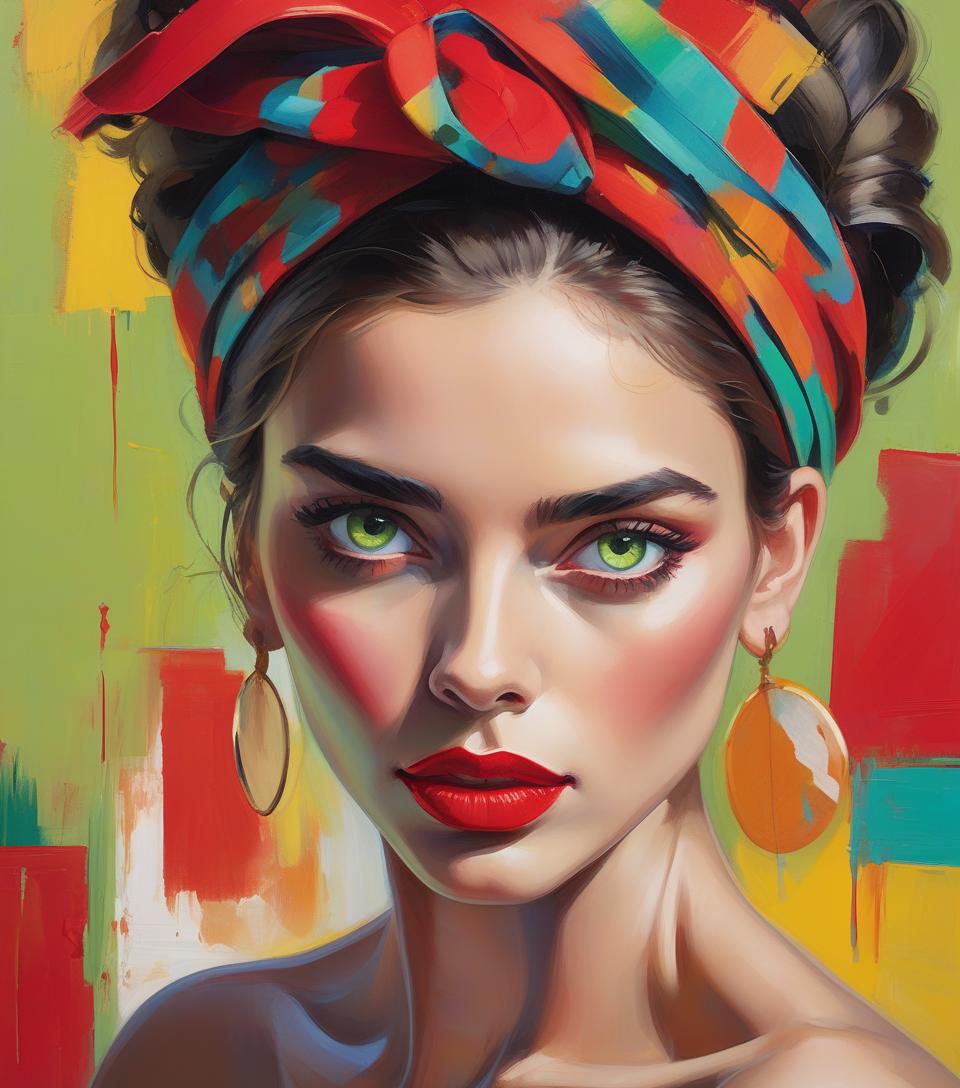  a vibrant painting of a woman with striking eyes, wearing a colorful headband, and bold red lips, set against a multicolored abstract ba a close up portrait of a woman with vibrant, multicolored brushstrokes on her face, highlighting her striking green eyes and red lipsckground.