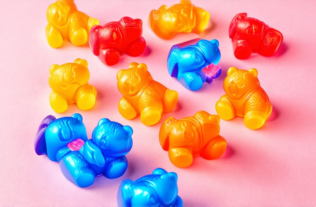  advertising style, stock photo, corporate branding style wax candy in the form of colorful bears on the table top view ar 3:2 . professional, clean, modern, product focused, commercial, eye catching, minimalist, business oriented, highly detailed