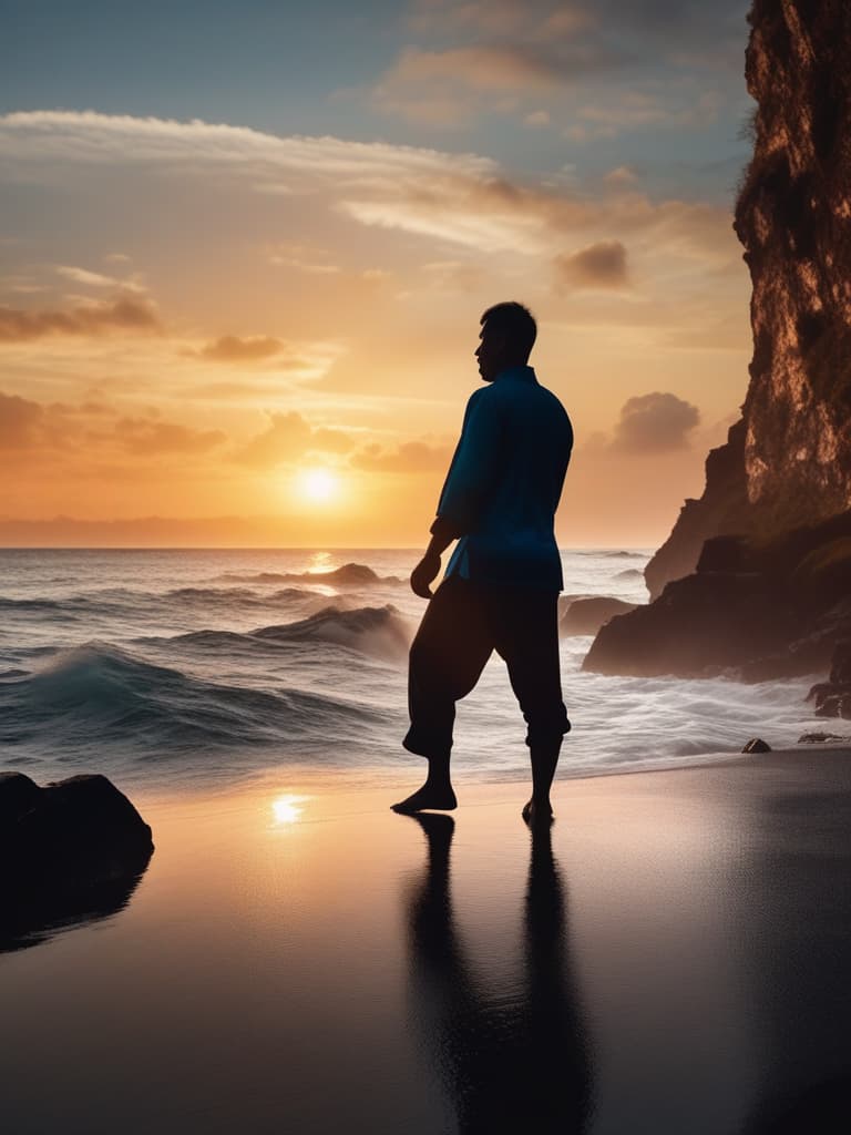  Close up of the silhouette of a man doing Thai Chi on a cliff overlooking the ocean with a sunrise in the background. RAW, realistic