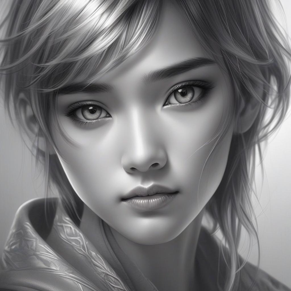  a talented asian artist proficient in creating exquisite portraits using digital art techniques, showcases a unique style known as digital art wonders. with elements of romantic realism, the artwork features a captivating blend of dark silver and light gray shades. the artist employs airbrush art techniques to create bold and visually striking manga inspired characters.