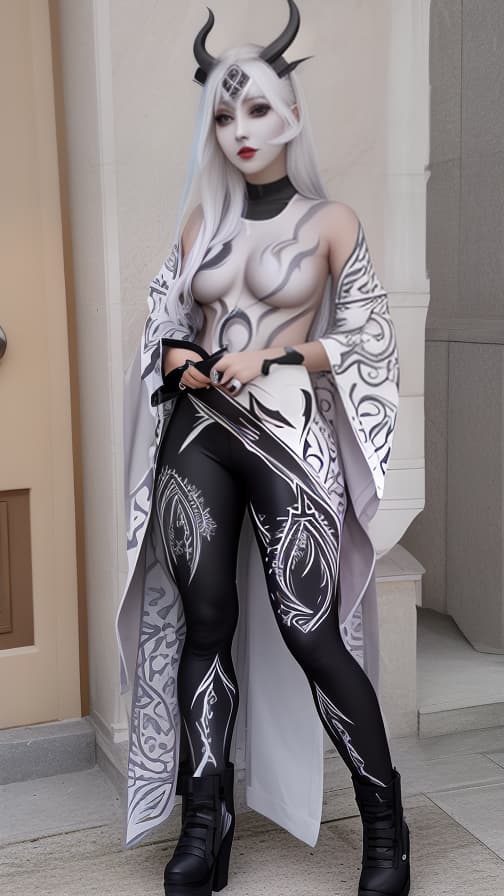  White and Blark flame pattern body paint in every corner of the whole body, grey body paint full body, grey face paint on the face, dark elf, full body image female