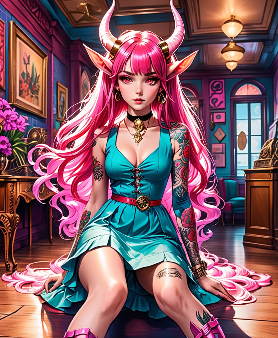  pop art style girl tifling, pink long hair, red unrealistic skin, stands in the room, horns on the head, perfect skin, fine facial features, pink iris, summer dress, tattoos, piercing in the ears, slim legs, wavy , realistic light, show with legs, 8k,hdr,steampunk style, masterpiece, hyperrealisme, detalied, . bright colors, bold outlines, popular culture themes, ironic or kitsch, perfecteyes