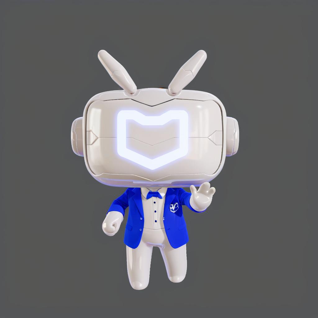  anxiaozhi,a cute white robot with white mask wears a blue formal wear,gestures prohibited.