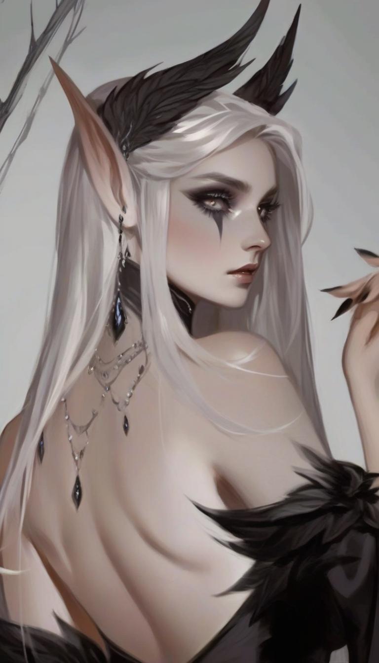  ethereal fantasy concept art of portrait, pale elven female, white hair and eyes, with black fethered wreath, standing with her back in a half turn. . magnificent, celestial, ethereal, painterly, epic, majestic, magical, fantasy art, cover art, dreamy, perfect hands