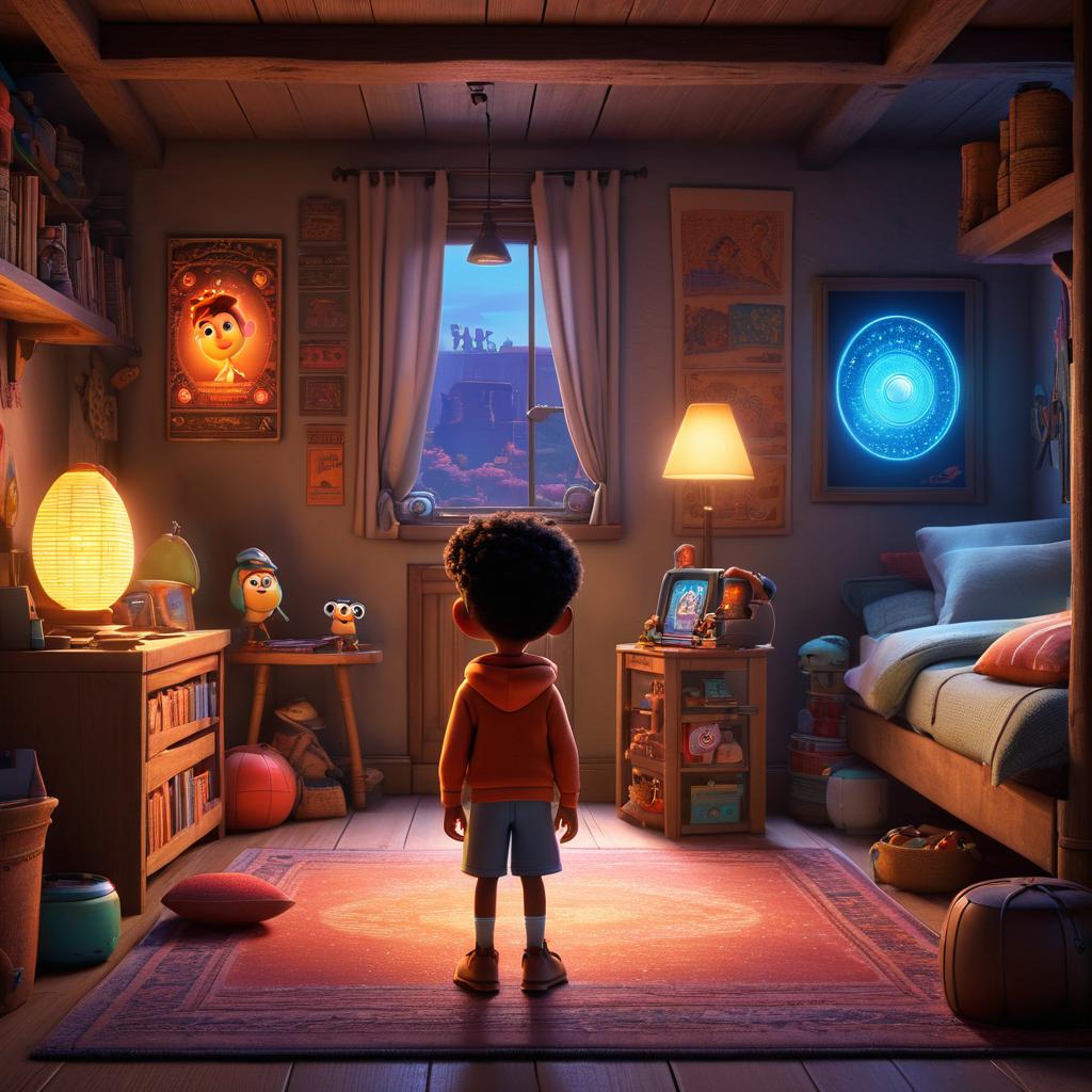  in 3d animated movie style. disney pixar style. hamza, a old with a curious, determined, kind hearted nature, stands in his dimly lit room. by his side is pixel the pixie, and mischievous, and zara the warrior, ve and wise. the remnants of game land fade as the screen's glow illuminates his virtual adventures. high resolution pixar 3d animated film style captures the scene with lifelike textures. bright, soft lights create a warm, bittersweet atmosphere. the composition focuses on hamza in the foreground, reflective, with pixel and zara, symbolizing the shift from virtual to real. the tilted angle adds dynamism to the storytelling. (16:9 aspect ratio)