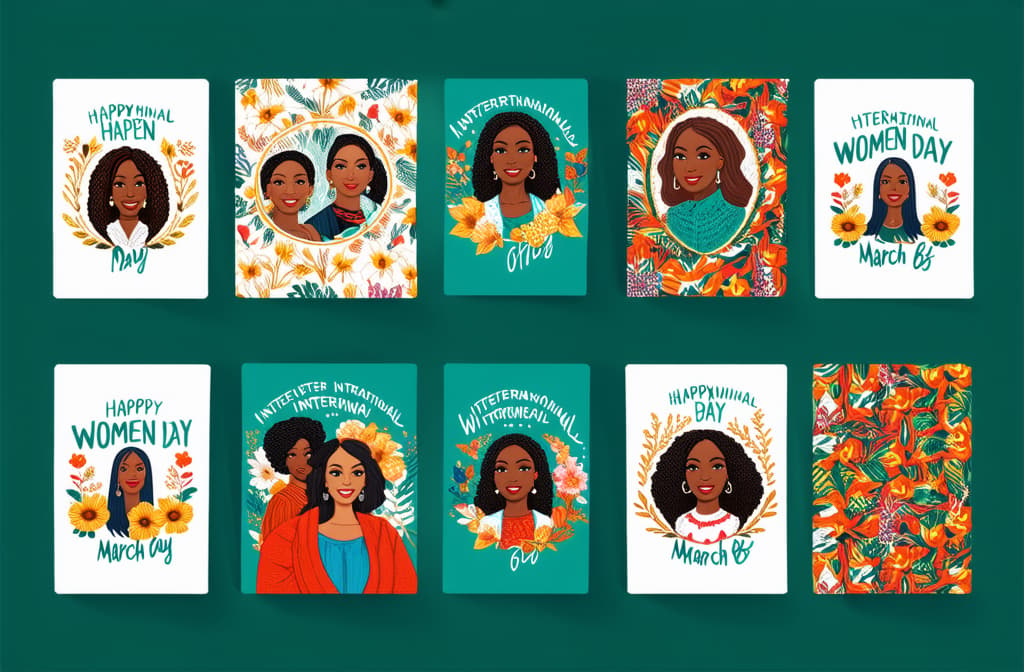  happy international women's day. march 8th. different races and nationalities. colored hand drawn vector illustrations. set of cards and seamless pattern ar 3:2 {prompt}, maximum details