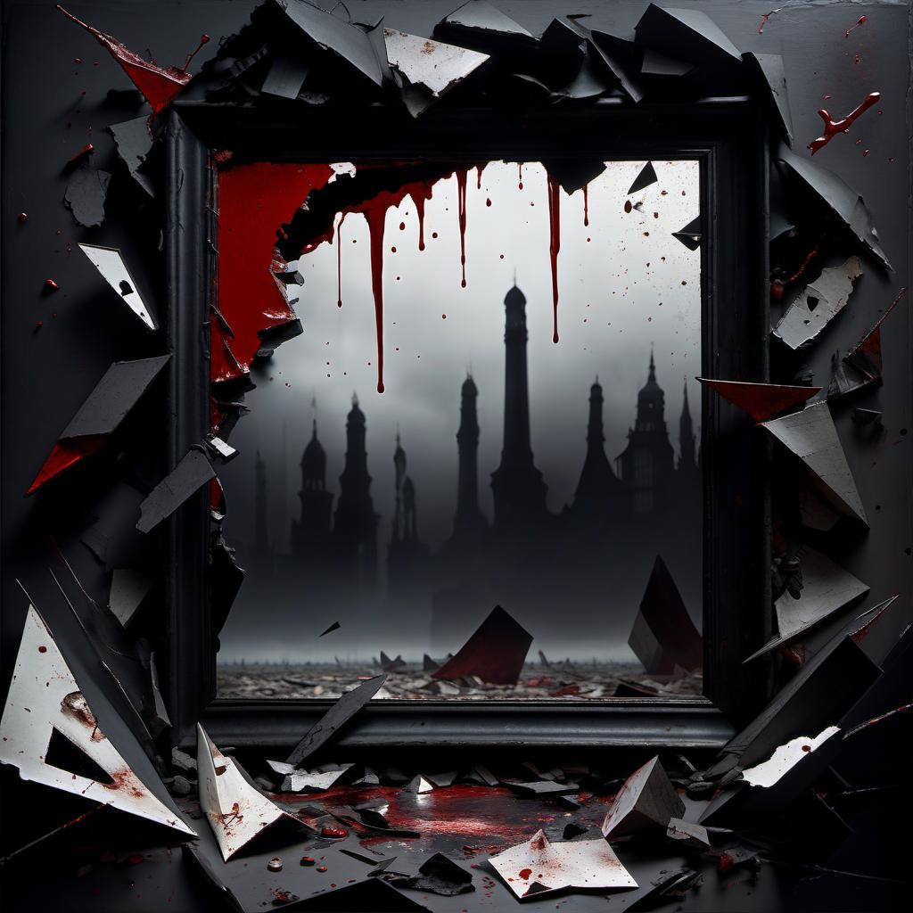  the background is a huge black funnel that absorbs everything around. the funnel symbolizes hopelessness and rapidly draws in the remnants of the destroyed world. in the foreground is a broken mirror, its fragments scattered all over the cover. fragments of frightening images are reflected in the fragments: empty eyes, blurred shadows, disfigured faces. small details may include thin drops of blood on some fragments. the color palette is cold black, dark gray and white tones with occasional flashes of blood red.