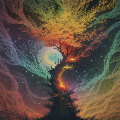  (Capture the solitary tree with its filaments in vivid multicolor hues. Esoteric landscape of Hokusai and Anne Bachelier, An intense, dynamic close-up of a tree fractal creates a cosmic illusion, a spectacle of filament marvels. Splashes of multicolored crimson paint symbolize the void in mycelial nothingness. This is a cosmic journey captured in a dark fantasy photograph, featuring yellow, green, red, orange, translucent, and bright elements, all in high resolution), detailed textures, High quality, high resolution, high precision, realism, color correction, proper lighting settings, harmonious composition, Behance works