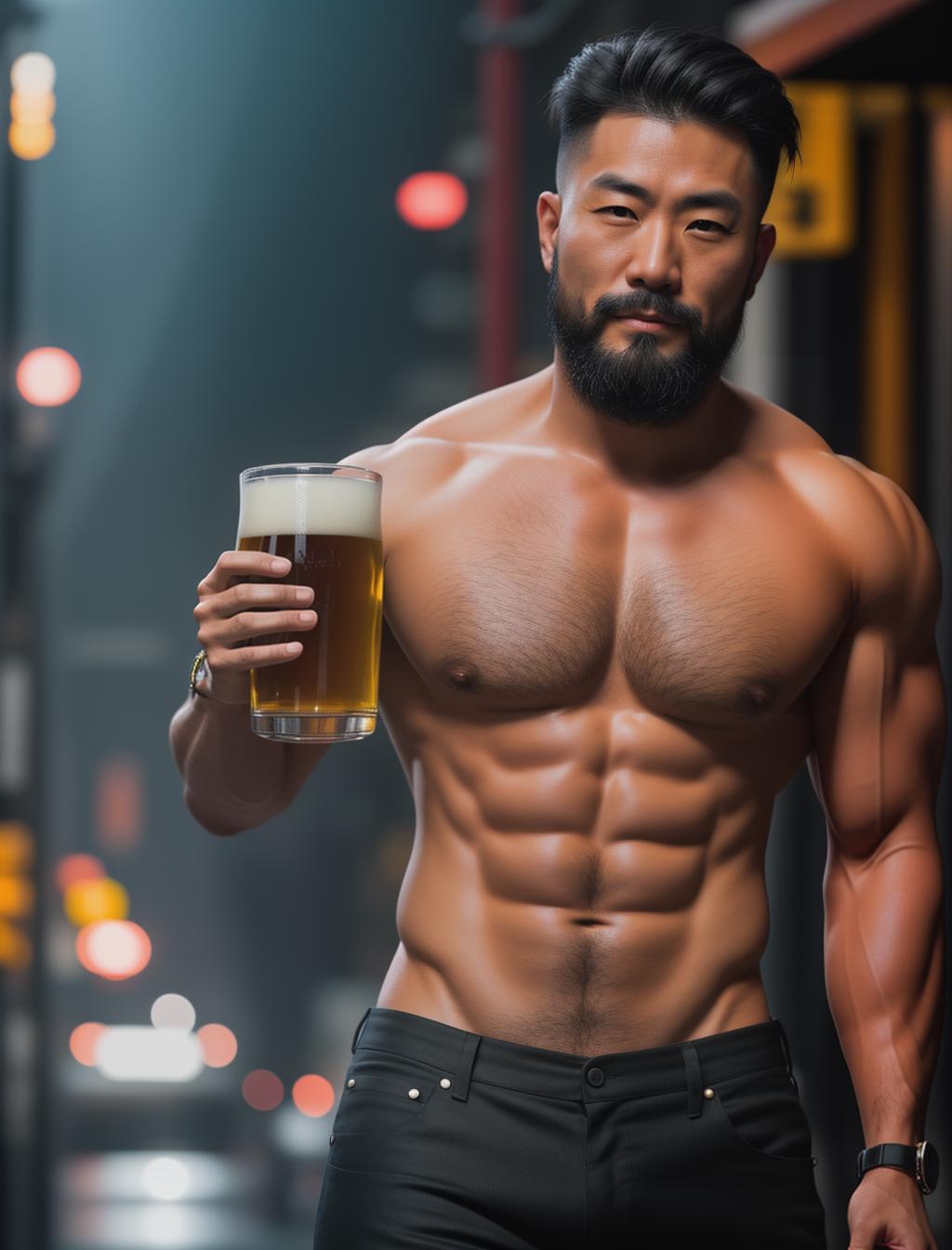  Japanese man with short hair, a beard, muscular and has tattoos dressed in Lederhosen and holding a beer. hyperrealistic, full body, detailed clothing, highly detailed, cinematic lighting, stunningly beautiful, intricate, sharp focus, f/1. 8, 85mm, (centered image composition), (professionally color graded), ((bright soft diffused light)), volumetric fog, trending on instagram, trending on tumblr, HDR 4K, 8K