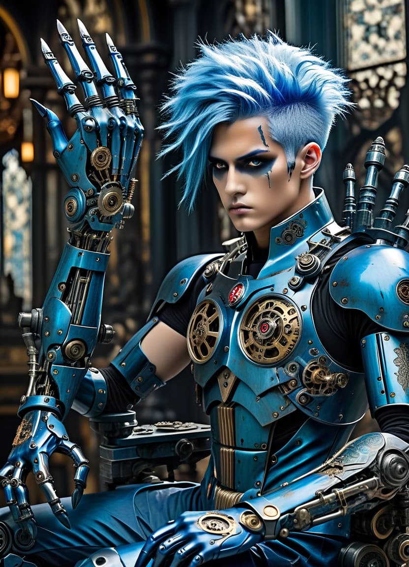  gothic style genazi air, man, bristles on the face, blue hair, mechanical arm, fully body, show the completeness of the whole body with legs, 8k,hdr, masterpiece, hyperrealisme, extreme detalied, . dark, mysterious, haunting, dramatic, ornate, detailed, perfecteyes