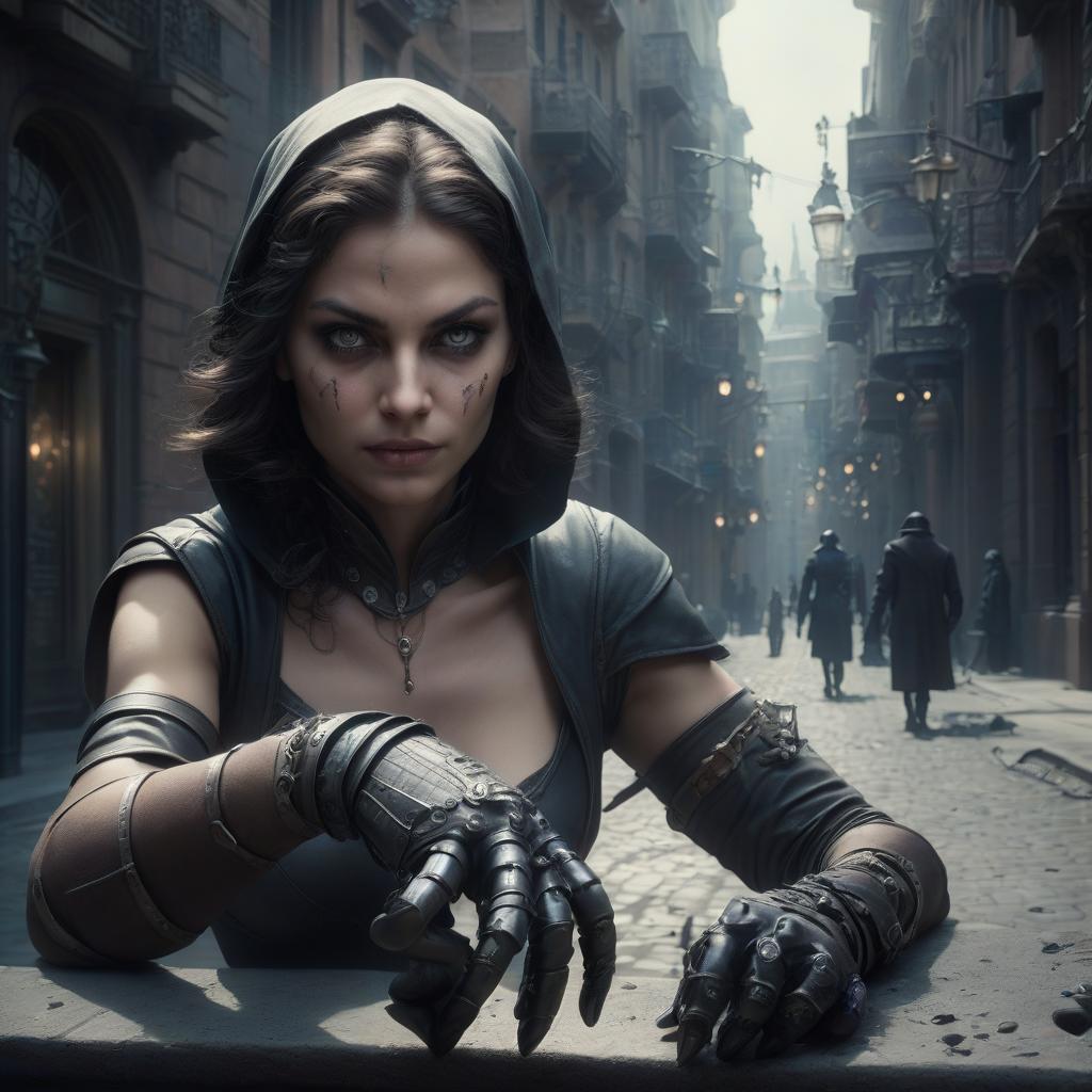  fantasy, woman, robber, prosthetic hand, city