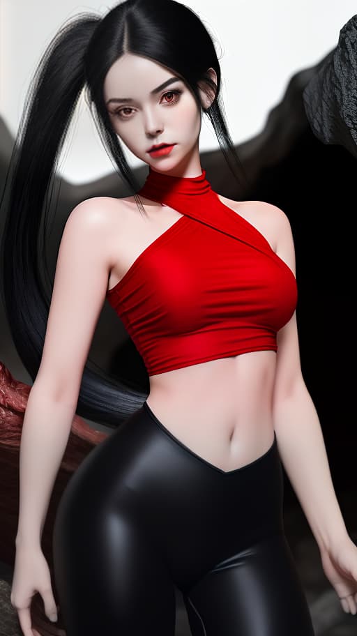  a girl in a red top, full length, black hair collected in a tail, tight leggings of silk, against the background of a cave., (intricate details:0.9), (hdr, hyperdetailed:1.2)