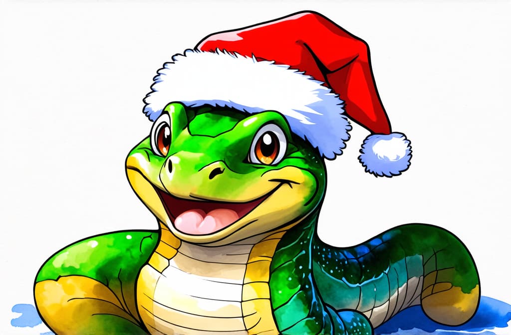  artwork smiling snake in a santa claus hat ar 3:2, watercolor techniques, featuring fluid colors, subtle gradients, transparency associated with watercolor art