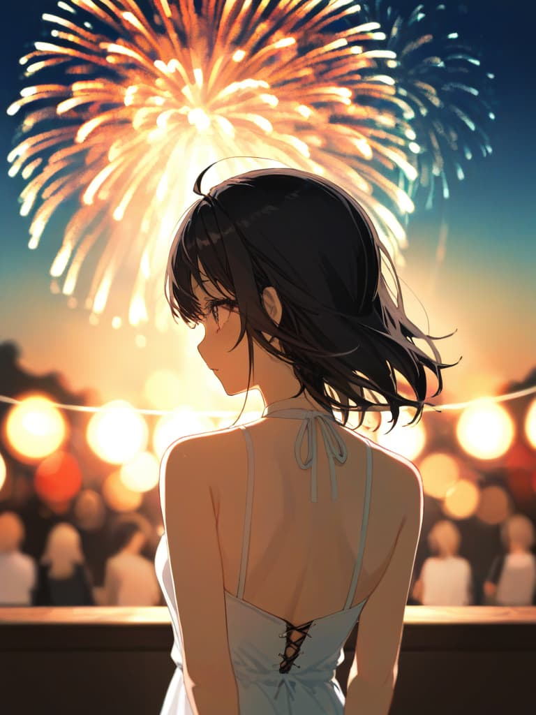  ((summer festival,fireworks,back view: 1.5,watching fireworks,long hair,black hair,white dress,summer festival,watching fireworks))、ultra detailed,best shadow,cute and beautiful face,(masterpiece:1.2),(best quality:1.2),detailed background,high contrast,(best illumination,an extremely delicate and beautiful),((cinematic light)),hyper detail,dramatic light,intricate details,8k,anime,very aesthetic