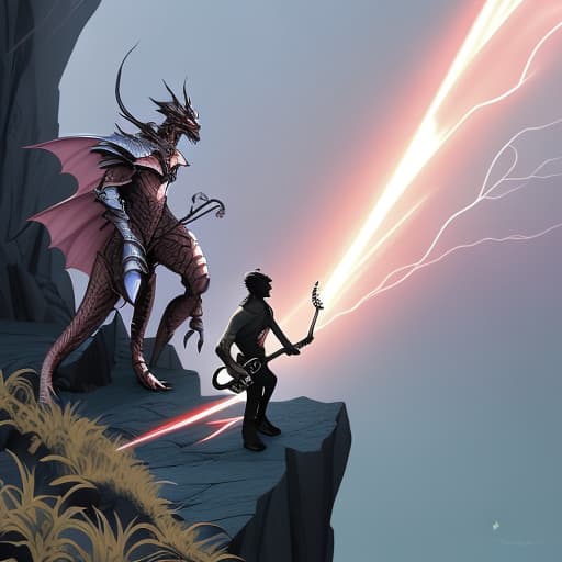  A knight facing a dragon on a cliff while holding an electric guitar