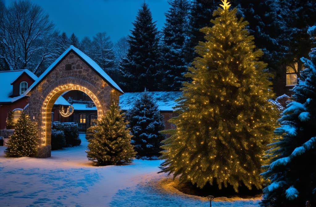  professional detailed photography, fabulous winter christmas background. christmas decorations, lights, illuminated stone arch, houses, winter garden, snow, decorated christmas tree. festive winter new year's landscape ar 3:2, (muted colors, dim colors, soothing tones), (vsco:0.3)