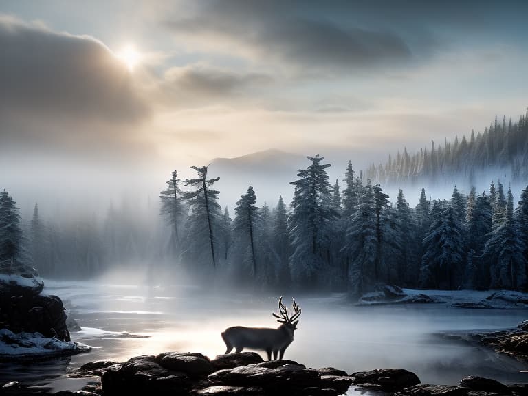  beautiful north reindeer in a hard climate belt, adventurous , wild , captivating , by david yarrow, nick brandt, art wolfe, paul nicklen, joel sartore hyperrealistic, full body, detailed clothing, highly detailed, cinematic lighting, stunningly beautiful, intricate, sharp focus, f/1. 8, 85mm, (centered image composition), (professionally color graded), ((bright soft diffused light)), volumetric fog, trending on instagram, trending on tumblr, HDR 4K, 8K