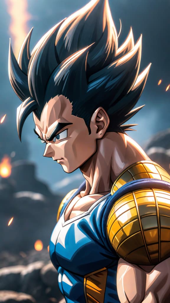  vegeta from dragon ball, standing amidst a fierce battle, everything slows down, his movements fluid, anime art hyperrealistic, full body, detailed clothing, highly detailed, cinematic lighting, stunningly beautiful, intricate, sharp focus, f/1. 8, 85mm, (centered image composition), (professionally color graded), ((bright soft diffused light)), volumetric fog, trending on instagram, trending on tumblr, HDR 4K, 8K