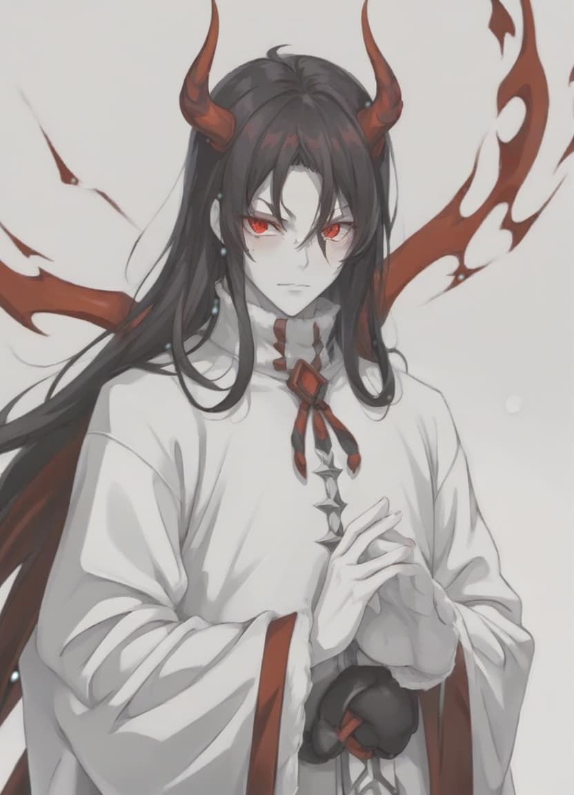  anime artwork man demon, red horns, red eyes, black long hair, winter clothes . anime style, key visual, vibrant, studio anime, highly detailed, sticker