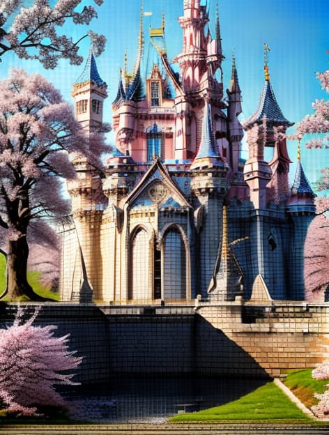  (front view:1.5),mid shot,romantic,mhxy,cloud,scenery,sky,outdoors,no humans,tree,blue sky,day,bird,bridge,cloudy sky,fantasy,cherry blossoms,cityscape,building,pink disney castle,city,8k,best picture quality,blender,camera 4d,octance rendering,supplementary picture,