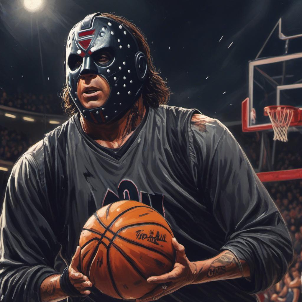  jason vorhees playing basketball , painting style