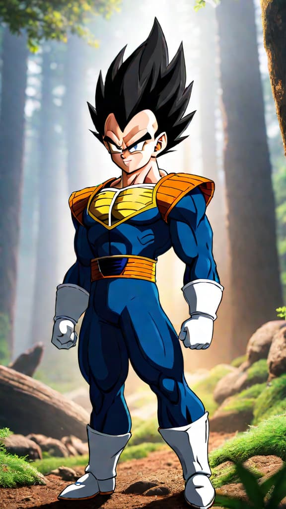  anime art: vegeta from dragon ball z, honoring his lost saiyan race with relentless pride. hyperrealistic, full body, detailed clothing, highly detailed, cinematic lighting, stunningly beautiful, intricate, sharp focus, f/1. 8, 85mm, (centered image composition), (professionally color graded), ((bright soft diffused light)), volumetric fog, trending on instagram, trending on tumblr, HDR 4K, 8K