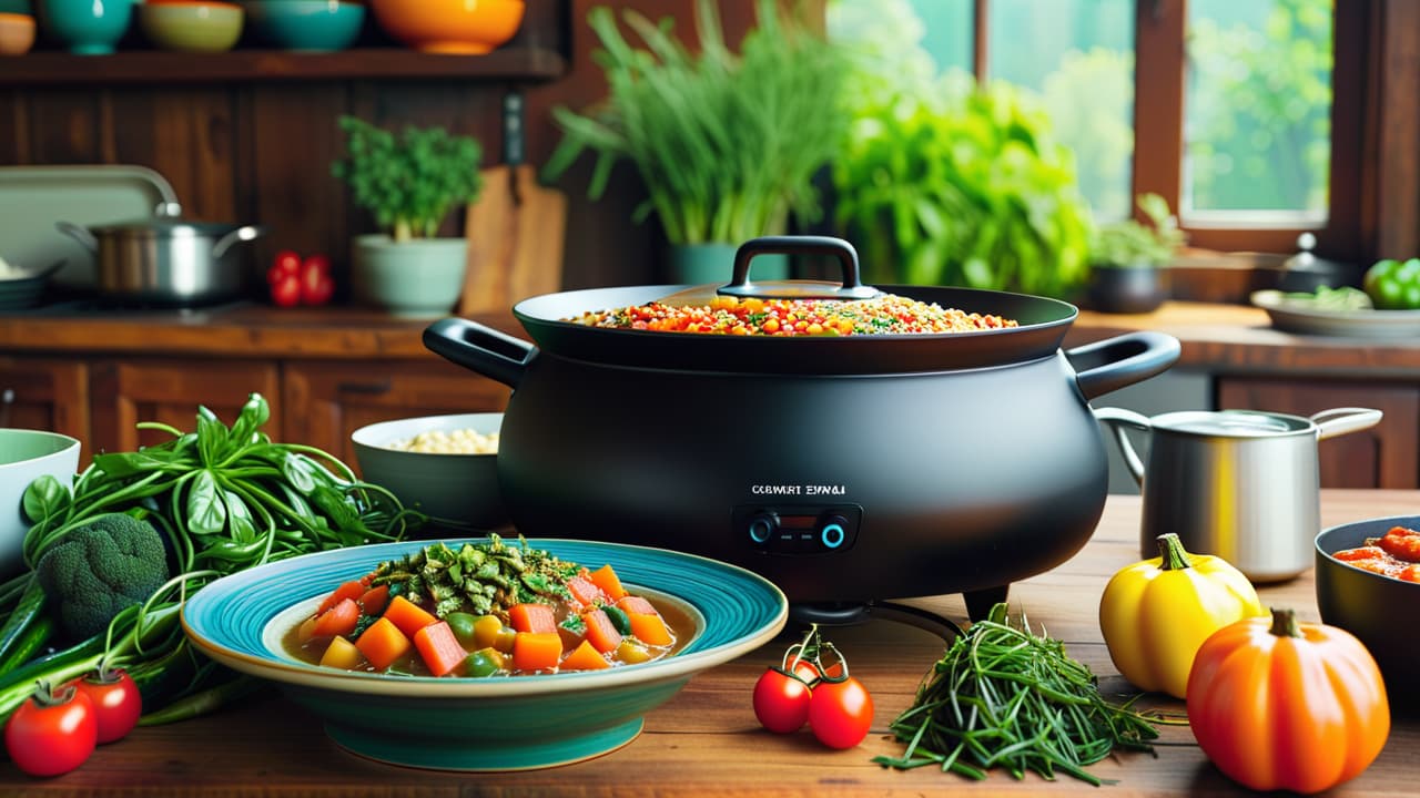  a vibrant kitchen scene filled with colorful fruits and vegetables, a chopping board with fresh herbs, a steaming pot of vegetable stew, and a plate of beautifully arranged plant based dishes, showcasing the transition to vegan cooking. hyperrealistic, full body, detailed clothing, highly detailed, cinematic lighting, stunningly beautiful, intricate, sharp focus, f/1. 8, 85mm, (centered image composition), (professionally color graded), ((bright soft diffused light)), volumetric fog, trending on instagram, trending on tumblr, HDR 4K, 8K