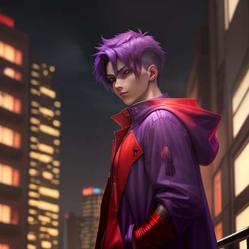  a young guy with purple hair hidden under a red hood of a red raincoat against the background of a night city