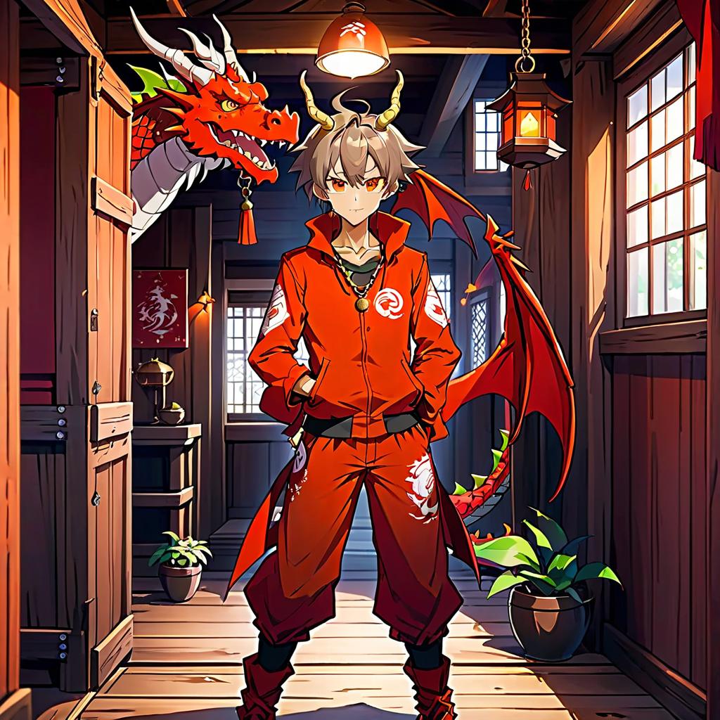  anime artwork the dragon is a human species with orange shades, with dragon ears, tall, slim, medium . red outfit with a necklace on his . it is in a wooden house in the room . anime style, key visual, vint, studio anime, highly detailed, sticker