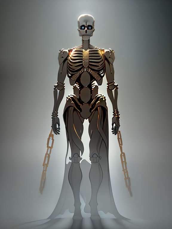  paint a skeleton of golden chains, slate atmosphere, cinematic, dimmed colors, dark shot, muted colors, film grainy, lut, spooky hyperrealistic, full body, detailed clothing, highly detailed, cinematic lighting, stunningly beautiful, intricate, sharp focus, f/1. 8, 85mm, (centered image composition), (professionally color graded), ((bright soft diffused light)), volumetric fog, trending on instagram, trending on tumblr, HDR 4K, 8K