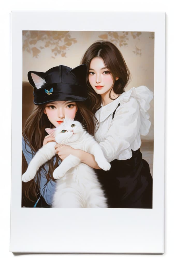  two women, a cat, a woman with a hat and a cat, anime artwork, anime style, key visual, vibrant, studio anime, highly detailed