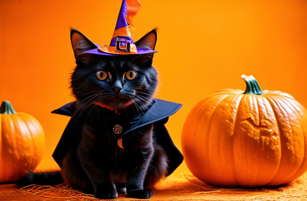  black cat in witch costume next to halloween pumpkins, orange background, 2/3 space on the left free for text ar 3:2 {prompt}, maximum details