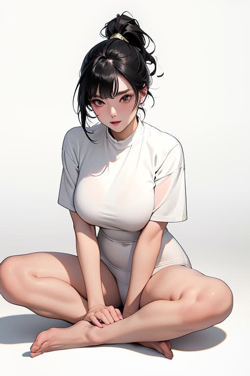  full body of a woman in a cloth and short , long black hair ponytail hairstyles with strength bang and long side bangs, wearing golden round eyegles, , oppai proportions, large , build, anime ,, realistic shaded perfect body, small curvy , body, sitting on the floor. ing out her legs. on white background , advertising photo,high quality, good proportion, masterpiece , the image is captured with an 8k camera