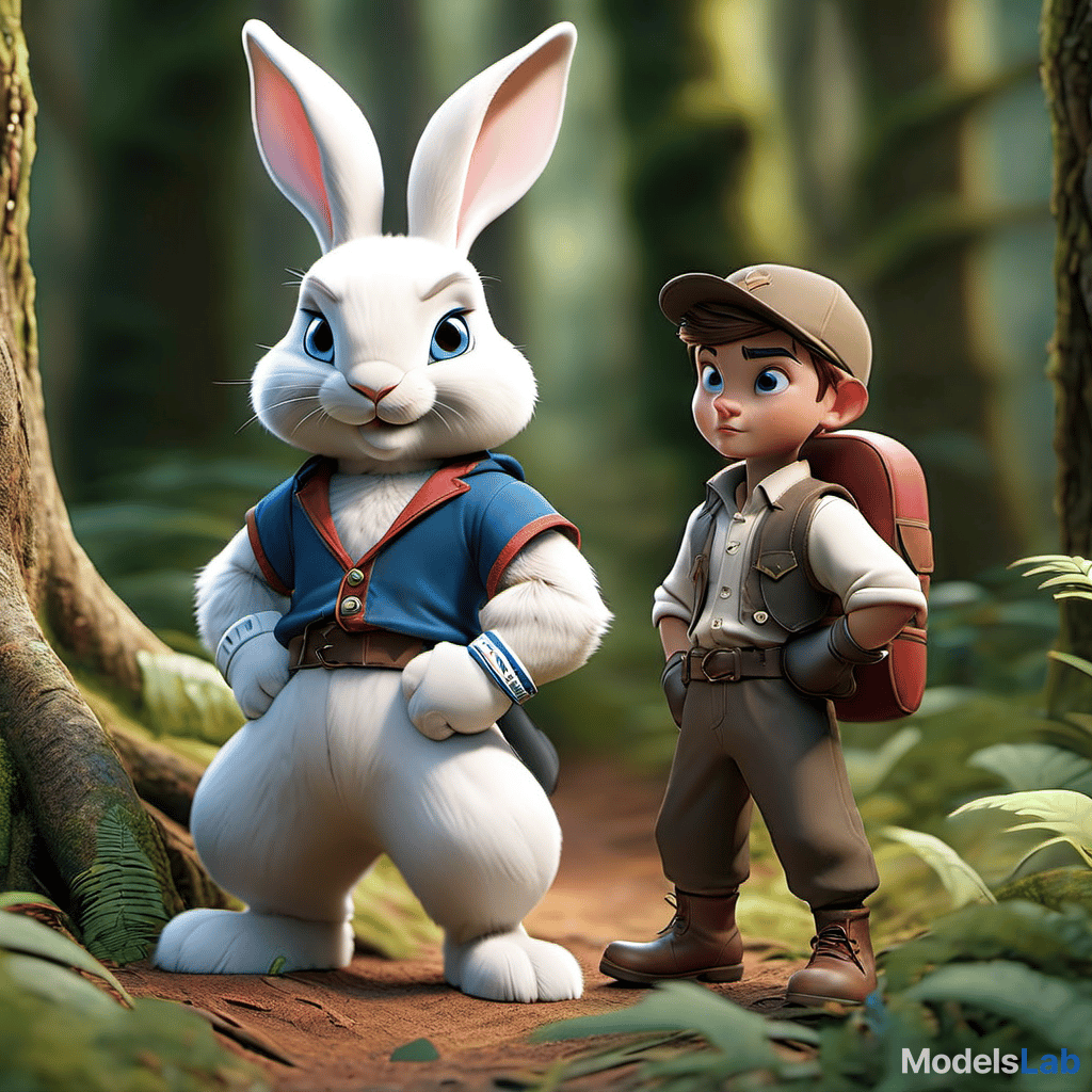  a white rabbit with blue eyes wearing boxing gloves and a young boy aged 3 walking in a magical forrest. hyperrealistic, full body, detailed clothing, highly detailed, cinematic lighting, stunningly beautiful, intricate, sharp focus, f/1. 8, 85mm, (centered image composition), (professionally color graded), ((bright soft diffused light)), volumetric fog, trending on instagram, trending on tumblr, HDR 4K, 8K