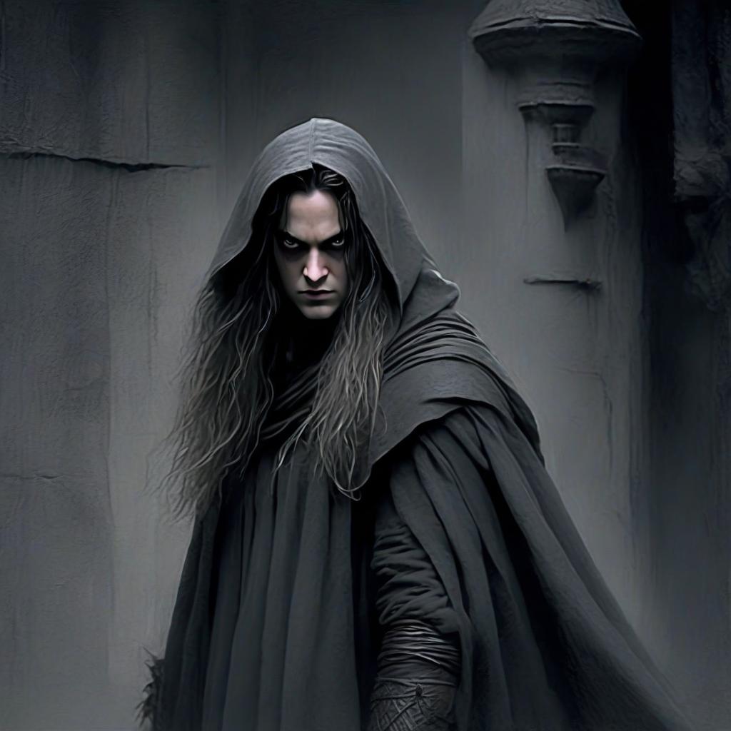  macabre style drawn by marion cotillard, an elf fighter with long straight hair in a gray corset and cloak, with leather elbows, standing in full height in a dark hall. . dark, gothic, grim, haunting, highly detailed, perfecteyes, perfect hands