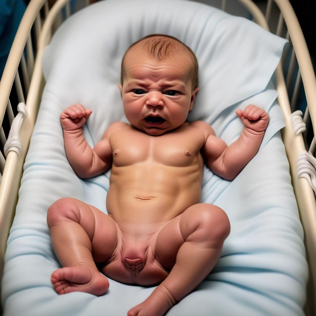  generate a funny picture of a very muscular newborn. think newborn head on a bodybuilder body laying in a basinet in the newborn area at a hospital with a blonde fu manchu mustache and long blonde hair.