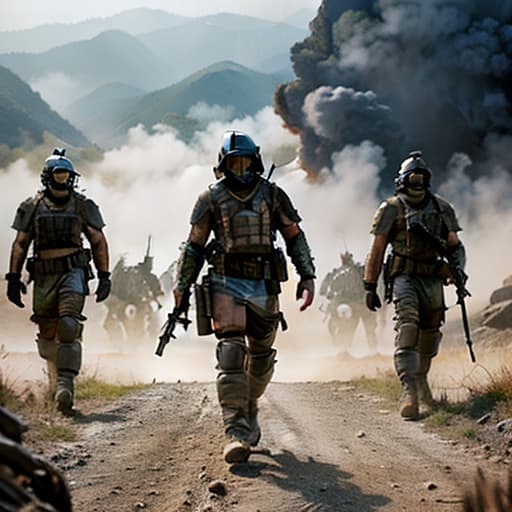  post apocalyptic style, several soldiers in a battle hyperrealistic, full body, detailed clothing, highly detailed, cinematic lighting, stunningly beautiful, intricate, sharp focus, f/1. 8, 85mm, (centered image composition), (professionally color graded), ((bright soft diffused light)), volumetric fog, trending on instagram, trending on tumblr, HDR 4K, 8K