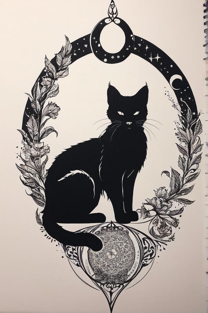  capricorn moon cats shadow spiritual , (tattoo sketch:1.25), drawing