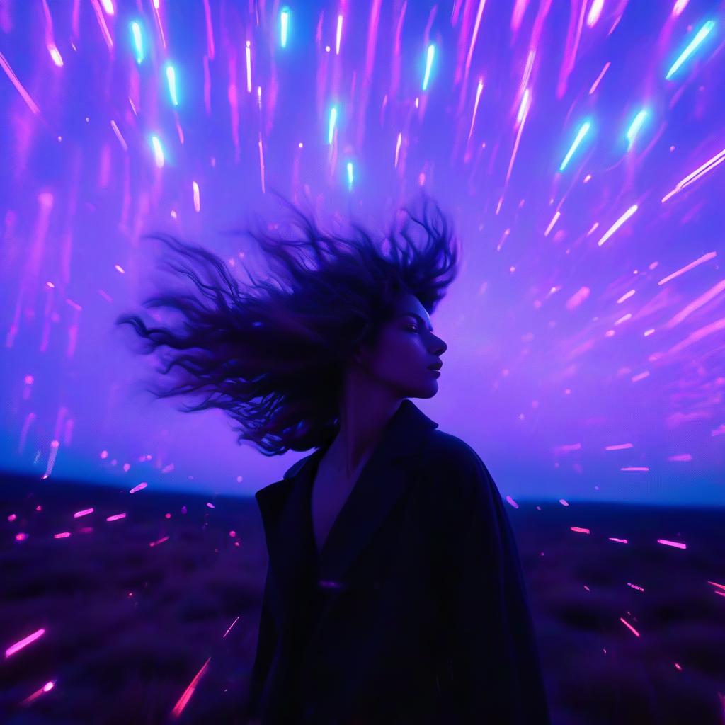  a woman with her hair blowing in the wind, frequency indie album cover, dark moody purple lighting, lo fi, petra collins, photo [ far ], by kathleen allen, atmospheric eerie lighting, a lonely woman, disappear, glowneon