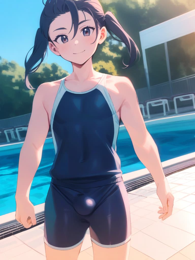  junior s, twin tails, cute smiles, dark blue hits, dark blue swimwear, dark blue swimwear, clear (double ual equipment, shaped clear, bulge, male bulging), front legs, whole body, pool, pool,