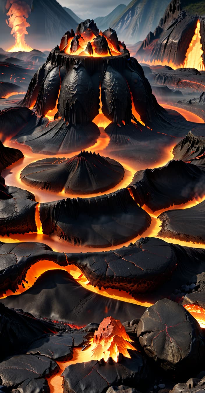  professional 3d model fire biome, platforms, magma, lava, lava rivers, volcanoes . octane render, highly detailed, volumetric, dramatic lighting, civitai, hkmagic