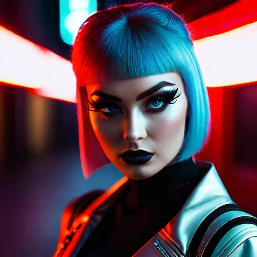  ultra realistic close up portrait ((beautiful pale cyberpunk female with heavy black eyeliner)), blue eyes, shaved side haircut, hyper detail, cinematic lighting, magic neon, dark red city, canon eos r3, nikon, f/1.4, iso 200, 1/160s, 8k, raw, unedited, symmetrical balance, in frame, 8k hyperrealistic, full body, detailed clothing, highly detailed, cinematic lighting, stunningly beautiful, intricate, sharp focus, f/1. 8, 85mm, (centered image composition), (professionally color graded), ((bright soft diffused light)), volumetric fog, trending on instagram, trending on tumblr, HDR 4K, 8K