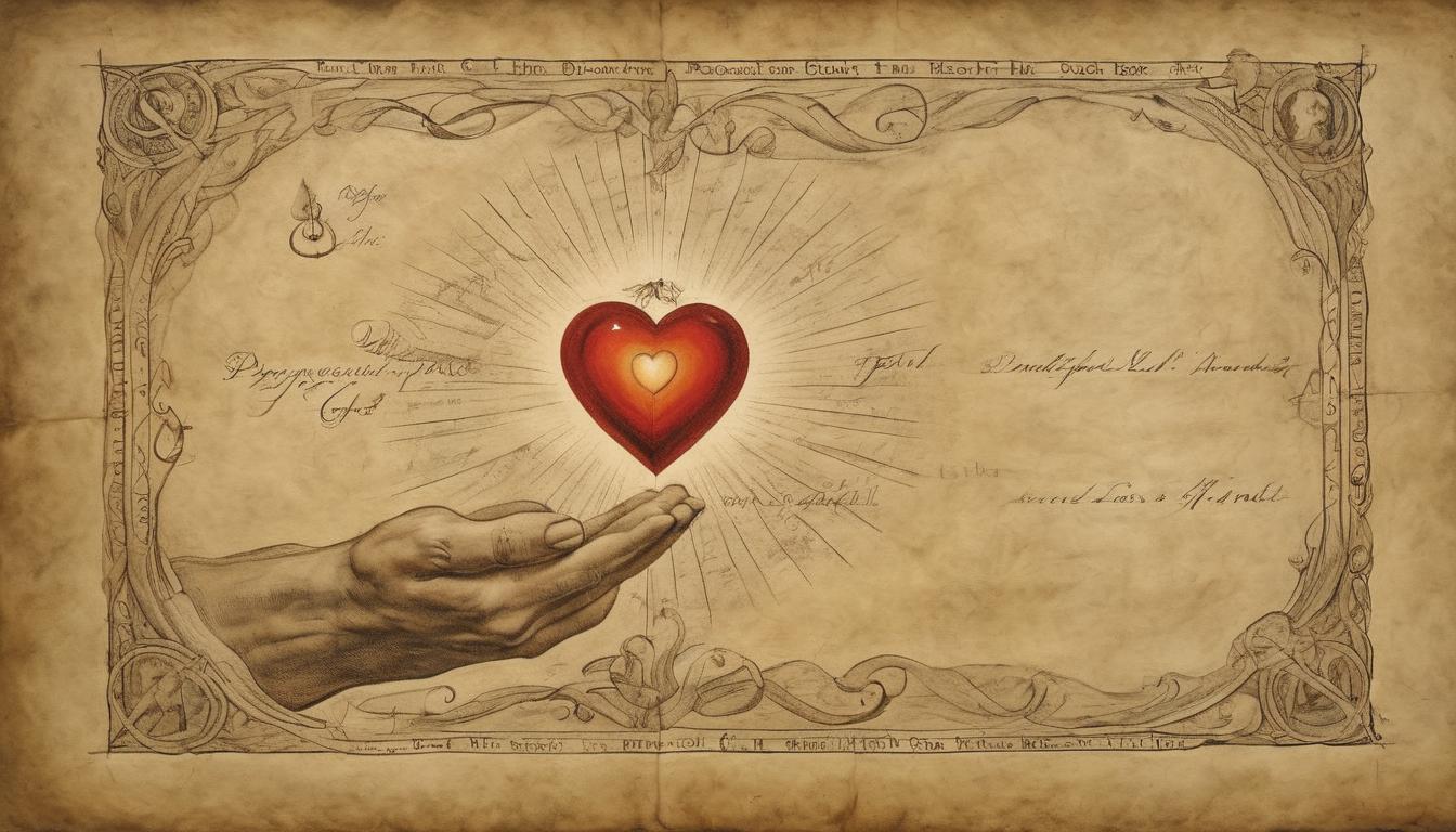  on parchment, surrealism++, prayerful hands glowing, divine heart within, connection with god's heart and purpose(mysterious, provocative, symbolic)++