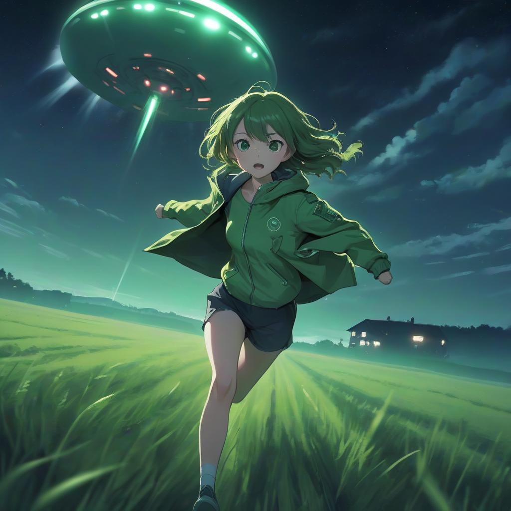  anime girl in a green jacket in a field runs from a ufo, countryside, bright light, green tones, night