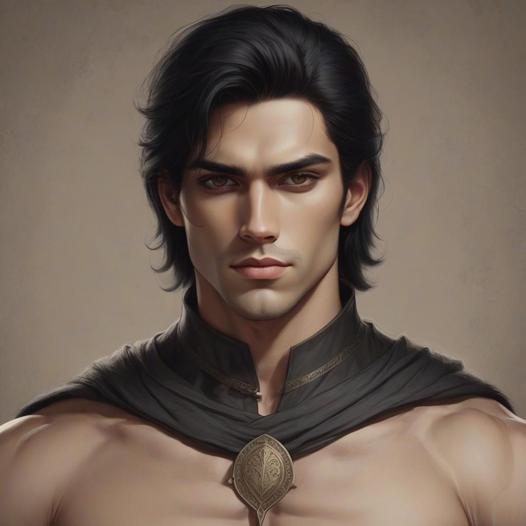  draw a guy with black hair long under a frame 19 years brown eyes light skin muscular in the medieval style