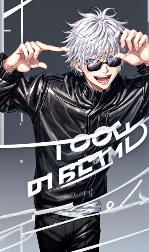  1man, satoru gojo,black jacket,black slim sunglasses,light blue eyes,detailed eyes,messy hair,black pants,white hair,smile,smiling,standing,open mouth,happy face,happy expression,(peace sign),masterpiece,extremely detailed cg unity 8k wallpaper, best quality,32k,focus sharp