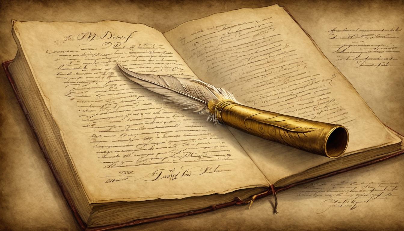  on parchment, surrealism++, a majestic quill writing in a golden book, pages turning themselves, letters glowing with divine light, ethereal hand guiding the quill, sense of destiny, divine authorship(mysterious, provocative, symbolic)++