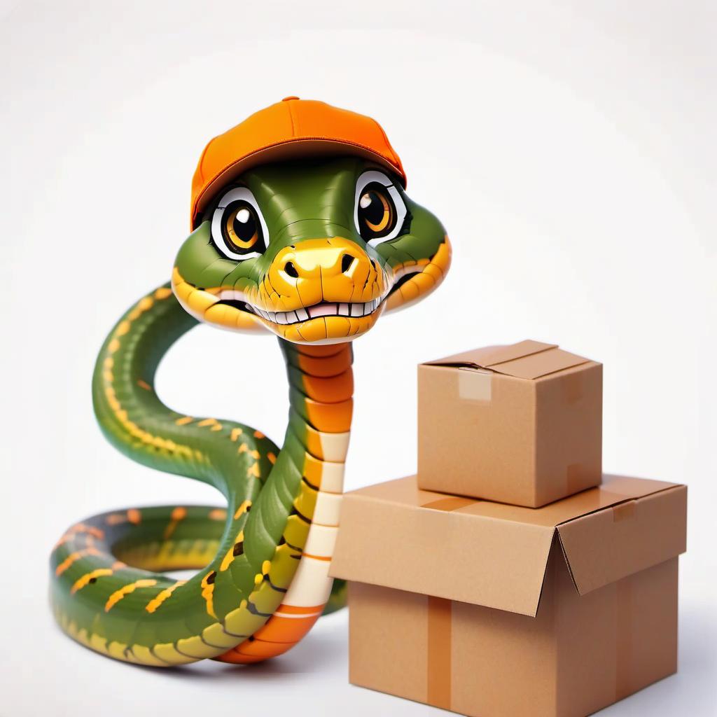  cinematic photo a snake in the form of a delivery courier is holding a box. the snake is wearing a cap and the background is orange. the image has high detail. . 35mm photograph, film, bokeh, professional, 4k, highly detailed, t shirt design