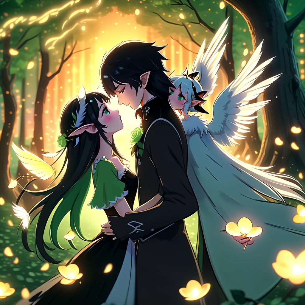  breathtaking anime 4k, a witch girl with black hair in a black dress and a hat with white feathers and a male elf in light green clothes, a sunset in the forest with rose petals and fireflies, romance, kiss, anime, fiction, 4k, love, fairy tale, magic, happiness . award winning, professional, highly detailed